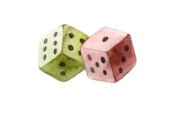 Watercolor Red and Green Dices isolated on white background