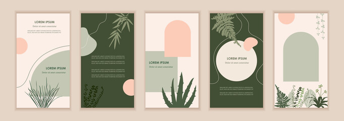 Set of natural style templates for banners, flyers, stories, brochures, web and social media posts. Organic design. Foliage, plants abstract shapes. Vector flat illustrations. EPS 10 - 487434391