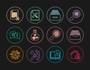 Set line House service, Drawer with documents, Test tube virus, Question and Exclamation, File, Microorganisms under magnifier and icon. Vector