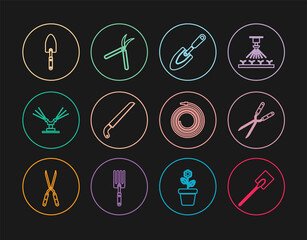 Set line Garden shovel, Gardening handmade scissor, trowel spade, saw, Automatic irrigation sprinklers, hose fire hose and icon. Vector