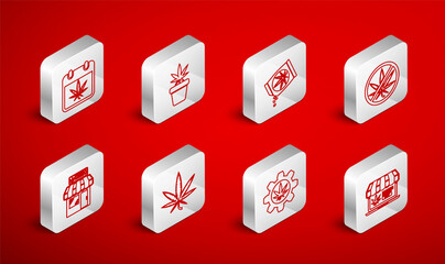 Set line Online buying marijuana, Marijuana plant pot, or cannabis seeds, Stop, Test tube with, Calendar and, leaf and store icon. Vector