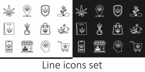 Set line Shopping cart with marijuana, Cup tea, Shield and, Test tube, bag of, Marijuana or cannabis leaf, and Location icon. Vector