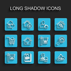 Set line Hanging sign with For Sale, House contract, heart shape, Realtor, check mark, Search house and Open icon. Vector