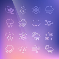 Set line Cloud with snow and sun, Snow, Fog, Snowflake, rain, moon and icon. Vector