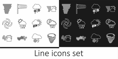 Set line Tornado, Cloud with snow, rain, moon, and, sun, Cloudy and Cone meteorology windsock wind vane icon. Vector