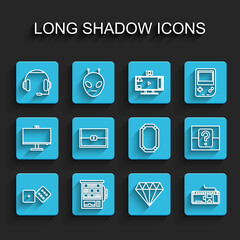 Set line Game dice, Slot machine, Headphones, Diamond, Computer keyboard, Chest for game, Mystery random box and Poker table icon. Vector