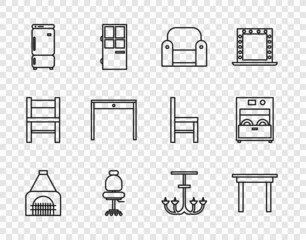 Set line Interior fireplace, Wooden table, Armchair, Office, Refrigerator, Chandelier and Kitchen dishwasher machine icon. Vector