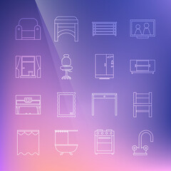 Set line Water tap, Chair, TV table stand, Chest of drawers, Office chair, Window with curtains, Armchair and Shower cabin icon. Vector