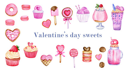 Watercolor valentine’s day sweets, hand drawn illustration isolated on white background. 