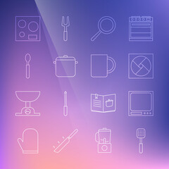 Set line Spatula, Electronic scales, Ventilation, Frying pan, Cooking pot, Spoon, Electric stove and Coffee cup icon. Vector