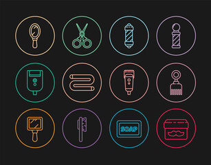 Set line Cream or lotion cosmetic jar, Hairbrush, Classic Barber shop pole, Towel, Electric razor blade for men, Hand mirror, Electrical hair clipper shaver and Scissors hairdresser icon. Vector