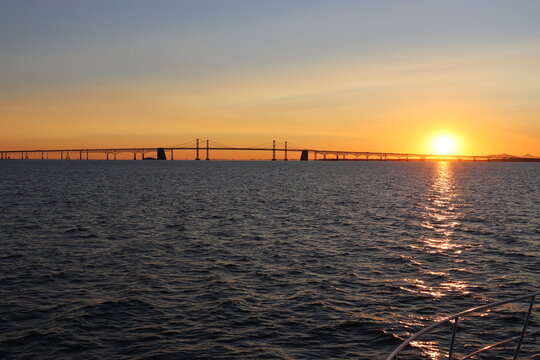Sunrise Over The Harboor, Sunrise In Annapolis, MD. Sunrise Over The Bay Bridge. The Chesapeake Bay, Towers, Park, Park Naval Academy. 