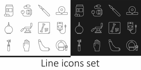 Set line Tomography, IV bag, Medical surgery scalpel, dental chair, Enema, Medicine bottle and pills, X-ray shots and Blood pressure icon. Vector