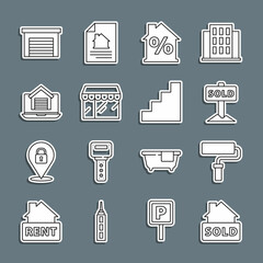 Set line Hanging sign with text Sold, Paint roller brush, House percant discount, Market store, Online real estate house, Garage and Staircase icon. Vector