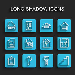 Set line House contract, key, Hanging sign with Rent, Staircase, percant discount, plan and Search house icon. Vector