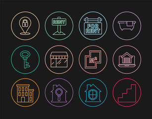 Set line Staircase, Online real estate house, Hanging sign with For Rent, Market store, House key, Location lock, plan and icon. Vector