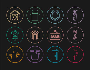 Set line Sickle, Gardening handmade scissors, Horseshoe, Bale of hay, Bird house, Farm, Signboard with text and Can container for milk icon. Vector