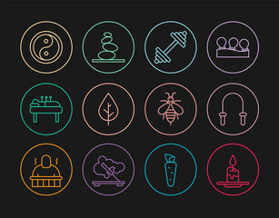 Set line Aroma candle, Jump rope, Dumbbell, Leaf, Acupuncture therapy, Yin Yang, Bee and Stack hot stones icon. Vector