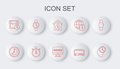 Set line Time Management, Clock, Retro wall watch, Digital alarm clock, Calendar and, Wrist, Stopwatch and on monitor icon. Vector
