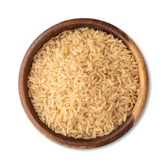Raw brown whole rice in a bowl isolated over white background