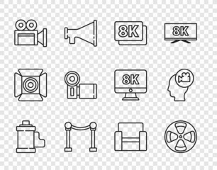 Set line Camera film roll cartridge, Film reel, 8k Ultra HD, Rope barrier, Cinema camera, chair and Head with icon. Vector