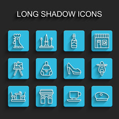 Set line French cafe, Triumphal Arch, rooster, Coffee cup, beret, Handbag, Scooter and Woman shoe icon. Vector