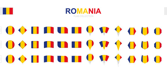 Large collection of Romania flags of various shapes and effects.