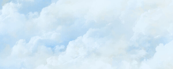 Blue vector watercolor art background with white clouds and blue sky. Hand drawn vector texture. Heaven. Watercolour banner. Abstract template for flyers, cards, poster, cover or design interior.