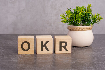 the OKR letters is written on wooden cubes on a gray background. close-up of wooden elements. In the black background is a green flower.