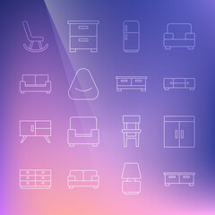 Set line Chest of drawers, Wardrobe, Refrigerator, Pouf, Sofa, Armchair and icon. Vector