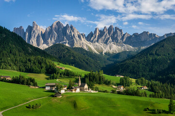 The peaks of the Odle group above the village of Santa Maddalena in Val di Funes. Dolomites.