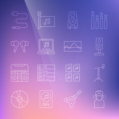 Set line Man in headphones, Microphone with stand, Stereo speaker, Laptop music note, Air, Audio jack and Music wave equalizer icon. Vector