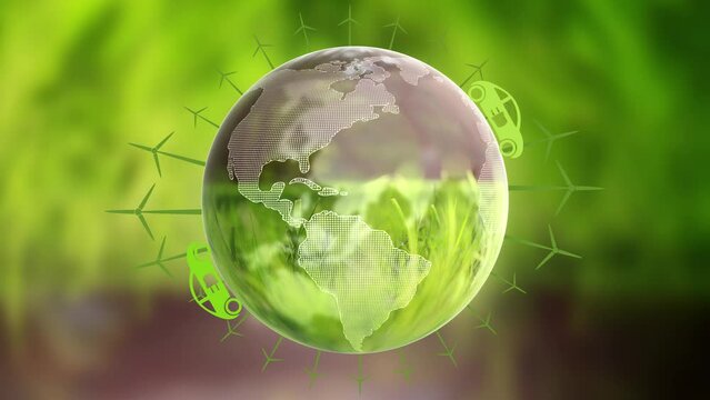 Loop electric car driving around 3d earth globe rotation with wind turbine plants. Concept environment earth day animation.