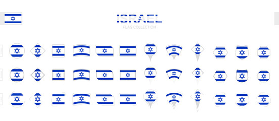 Large collection of Israel flags of various shapes and effects.