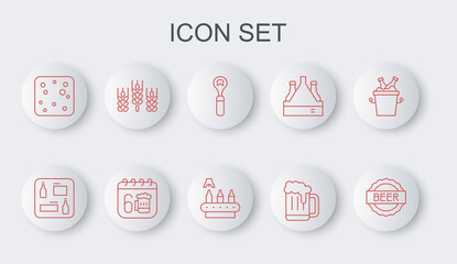 Set line Bottle cap with beer, Beer menu, opener, Wooden mug, bubbles, Wheat, Saint Patricks day calendar and Conveyor band, icon. Vector