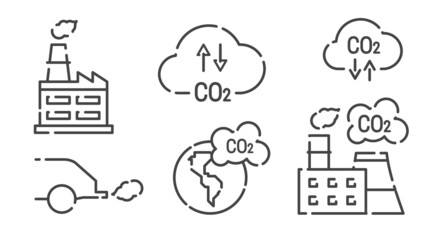 CO2, carbon dioxide emissions, vector line icon set. Factory, car exhaust, planet earth, cloud. Flat illustration isolated on white background.
