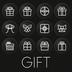 Gift boxes minimal vector icon on 3D button isolated on black background. Premium Vector.