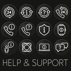 Help and support minimal vector icon on 3D button isolated on black background. Premium Vector.