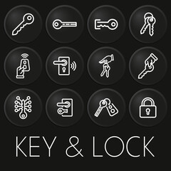 Key and lock minimal vector icon on 3D button isolated on black background. Premium Vector.