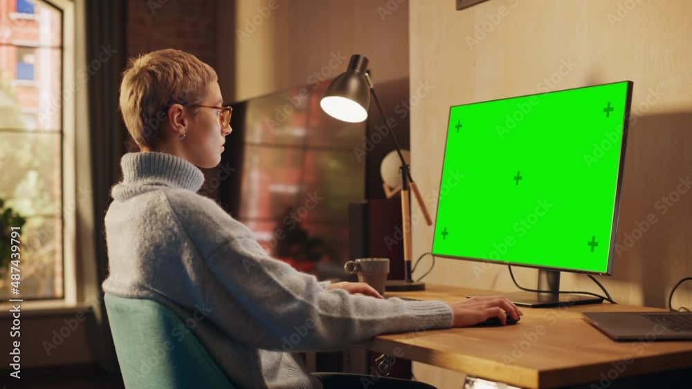 Poster young beautiful female working from home on desktop computer with green screen mock up display. crea