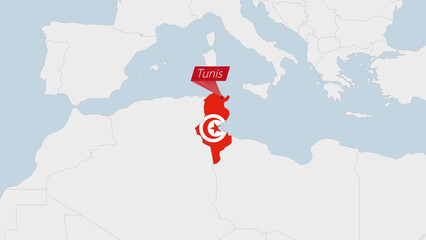 Tunisia map highlighted in Tunisia flag colors and pin of country capital Tunis.