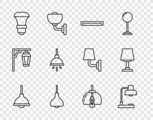 Set line Lamp hanging, Table lamp, Fluorescent, LED light bulb, Chandelier, and icon. Vector