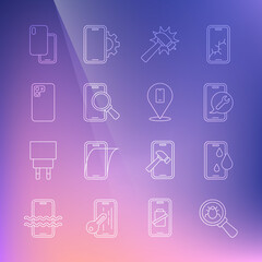 Set line System bug, Waterproof phone, Mobile service, Hammer, Phone repair, Smartphone, and icon. Vector