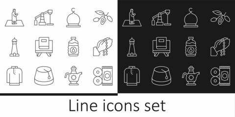 Set line Traditional carpet, Hands in praying position, Muslim Mosque, Holy book of Koran, tower minaret, man prays, Bottle water and Oil pump pump jack icon. Vector