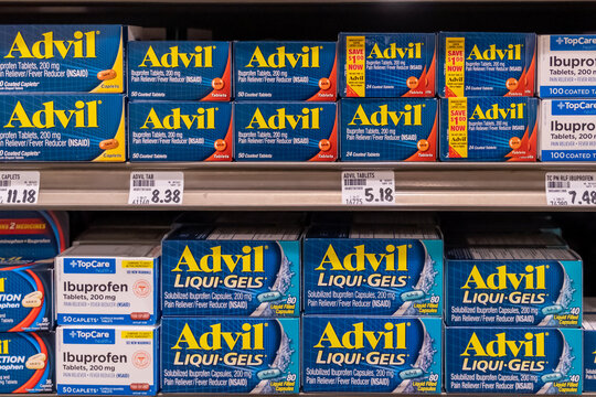 Sacramento, CA, USA - February 16th, 2022 Advil, Ibuprofen Pain relievers display for sale in a supermarket aisl