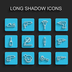 Set line Electric sander, circular saw, Wood plane tool, Leaf garden blower, Reciprocating, Table for woodwork, cordless screwdriver and Soldering iron icon. Vector