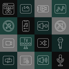 Set line Microphone, Speaker mute, Online play video, Music player, Mute microphone, Video recorder or editor and icon. Vector