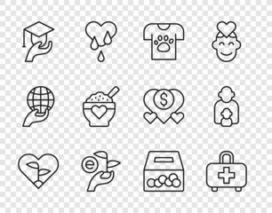 Set line Leaf in heart, First aid kit, Animal volunteer, hand, Education grant, Donation food, charity and Taking care of children icon. Vector