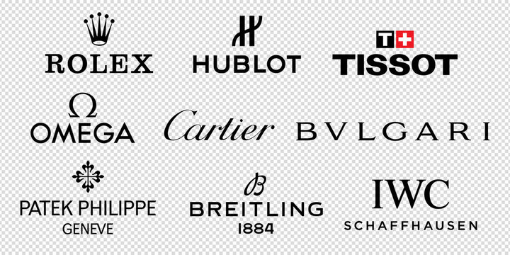 Logos of world watch brands. Rolex, Hublot, Tissot, Omega, Cartier, Bulgari, IWC, Breitling, Patek Philippe. Vector logos on transparent background.