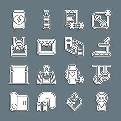 Set line Location gym, Gymnastic rings, Treadmill machine, Sport training program, Bathroom scales, Sweaty sleeveless t-shirt, Energy drink and Socks icon. Vector